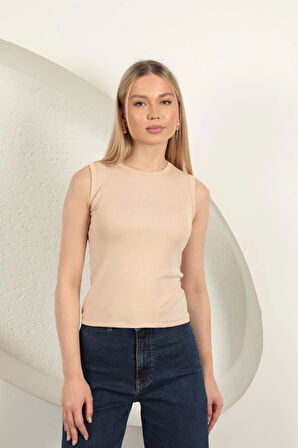 Çilek Viskon Kumaş Basic Bluz-Bej