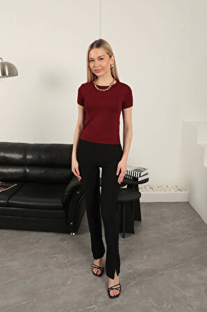 Çilek Viskon Kumaş Basic Tişört-Bordo