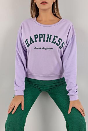 Kadın Baskılı Crop Sweat Lila 