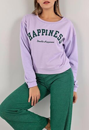 Kadın Baskılı Crop Sweat Lila 