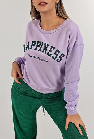 Kadın Baskılı Crop Sweat Lila 