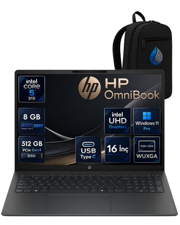 HP OmniBook Intel Core 5 315 8 GB DDR5 512 GB SSD 16'' WUXGA IPS Windows 11 Pro Dizüstü Bilgisayar DX9T1EARNP01