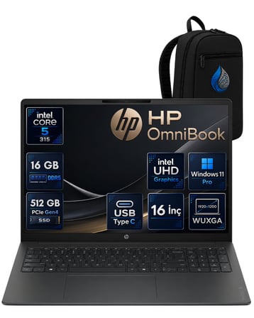HP OmniBook Intel Core 5 315 16 GB DDR5 512 GB SSD 16'' WUXGA IPS Windows 11 Pro Dizüstü Bilgisayar DX9T1EARNP05