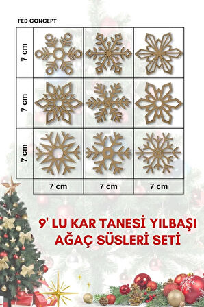9'lu Ahşap Kar Tanesi Yılbaşı Çam Ağacı Süsleri