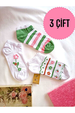 3 ÇİFT PATİK ÇORAP DİKİŞSİZ KADIN PAMUKLU KISA KONÇ DESENLİ ÇORABI 36-40 BEYAZ ÇİÇEKLİ