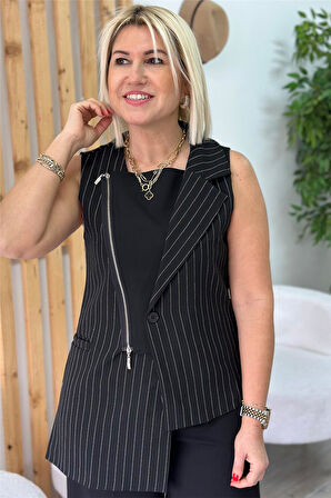 Siyah Fermuarlı Tasarım Çizgili Yelek