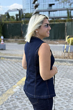 Lacivert Gold Düğmeli Lycralı Kot Yelek