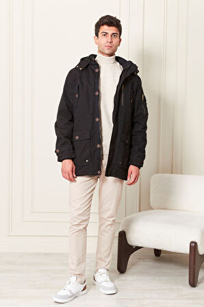 Kapşonlu İçi Yünlü Erkek Kaban