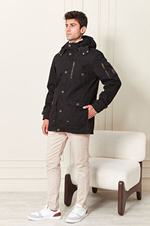 Kapşonlu İçi Yünlü Erkek Kaban