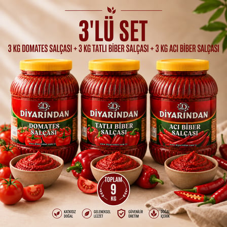 Diyarından 3'lü Avantajlı Salça Paketi (3 Kg Domates Salçası +3 Kg Tatlı Biber Salçası + 3 Kg Acı Biber Salçası) 9 Kg
