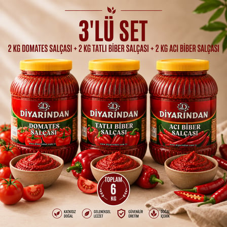 Diyarından 3'lü Avantajlı Salça Paketi (2 Kg Domates Salçası +2 Kg Tatlı Biber Salçası +2 Kg Acı Biber Salçası) 6 Kg