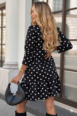 Deridün Yıldız Shoes Kadın Uzun Kollu Bisiklet Yaka Fırfırlı Puantiyeli Kısa Modal Elbise