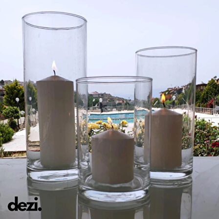 3'lü Silindir Set Cam Vazo, Mumluk Kalın 1.Sınıf Kalite Cam Vazo Mumluk Seti (15-20-25cm)