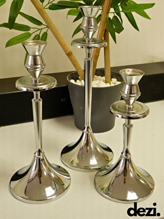 3'Lü Metal Mumluk Şamdan Seti, Dekoratif Set, Ev Nişan Dekorasyonu (23-28-33cm) Çap 12 Cm