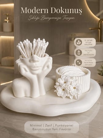 Modern Dekoratif Banyo Seti | El Yapımı | Vernikli | Pamukluk & Kulak Çubuğu Düzenleyici