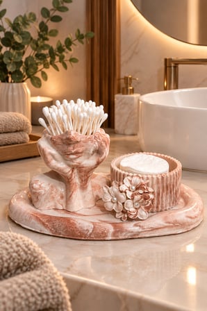 Dekoratif Banyo Aksesuar Seti – Vernikli Mermer Desenli Pamukluk ve Kulak Çubuğu Standı