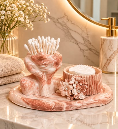 Dekoratif Banyo Aksesuar Seti – Vernikli Mermer Desenli Pamukluk ve Kulak Çubuğu Standı