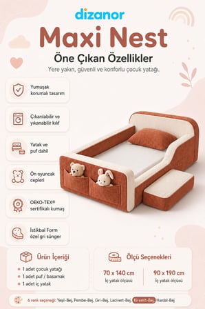 Dizanor Maxi Nest Tek Kısa Yan Kenarlı Montessori Yatak Seti