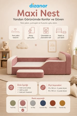 Dizanor Maxi Nest Tek Kısa Yan Kenarlı Montessori Yatak Seti