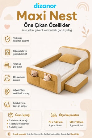 Dizanor Maxi Nest Tek Kısa Yan Kenarlı Montessori Yatak Seti