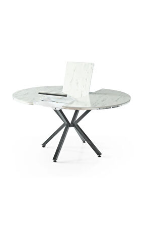 Zenit Plus Açılır Yuvarlak Masa (Sandalyesiz) – Beyaz Mermer, Siyah Ayak, Ø120→160 cm