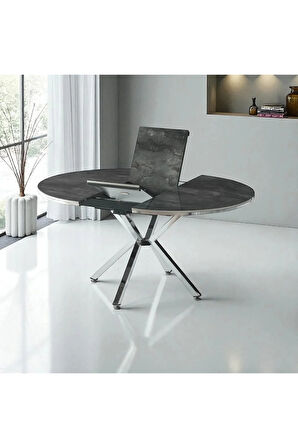 Zenit Plus Açılır Yuvarlak Masa (Sandalyesiz) – Siyah Mermer, Krom Ayak, Ø120→160 cm