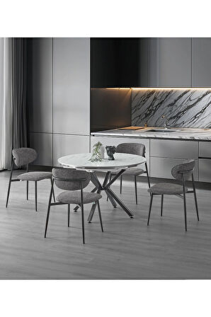 Zenit Plus Açılır Yuvarlak Masa Takımı – Beyaz Mermer Siyah Ayak – Ø120→160 cm. 4 Sandalye
