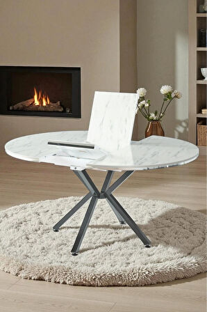 Zenit Plus Açılır Yuvarlak Masa Takımı – Beyaz Mermer Siyah Ayak – Ø120→160 cm. 4 Sandalye