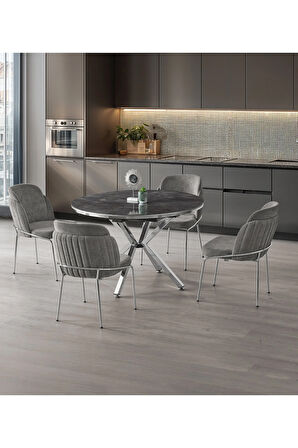 Zenit Plus Açılır Yuvarlak Masa Takımı – Siyah Mermer Krom Ayak – Ø120→160 cm. 4 Sandalye