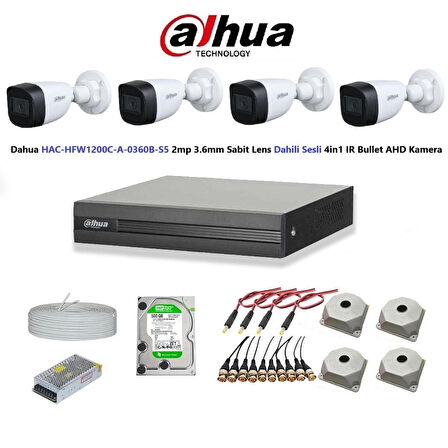 Dahua 2mp 4 kameralı Dış Ortam Dahili Sesli Full Kamera Seti 500GB Disk HAC-HFW1200C-A-0360B