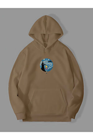 Üç İplik Yıldızlı Gece Dalga Baskılı Unisex Kemik Kanguru Cepli Kapüşonlu Sweatshirt Hoodie | S
