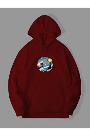 3 İplik Yıldızlı Gece Dalga Baskılı Kırmızı Kanguru Cepli Kapüşonlu Sweatshirt Hoodie | L