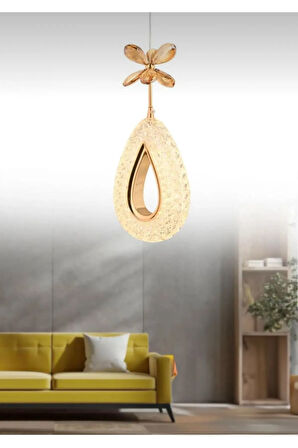 Damla Model Gold 3 Renk Modu Ledli Kristal Taşlı Modern Salon Mutfak Oturma Odası Led Avize