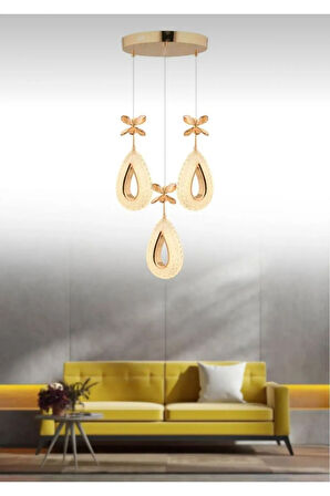 Damla Model 3'lü Gold 3 Renk Modu Ledli Kristal Taşlı Modern Salon Mutfak Oturma Odası Led Avize