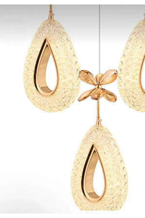 Damla Model 3'lü Gold 3 Renk Modu Ledli Kristal Taşlı Modern Salon Mutfak Oturma Odası Led Avize