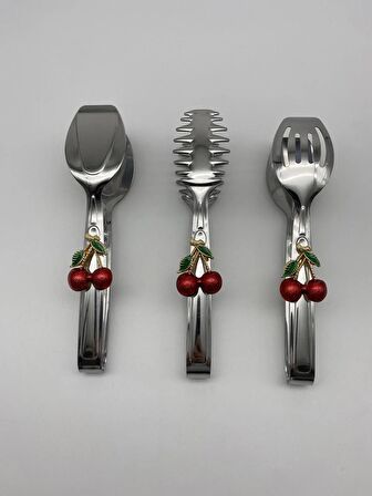 Kirazlı Gümüş Maşa Seti, Salata, Makarna ve Pasta Servis Sunum Maşası, Paslanmaz Çelik Yemek Maşası