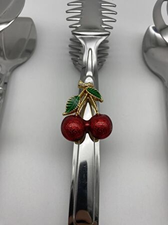 Kirazlı Gümüş Maşa Seti, Salata, Makarna ve Pasta Servis Sunum Maşası, Paslanmaz Çelik Yemek Maşası