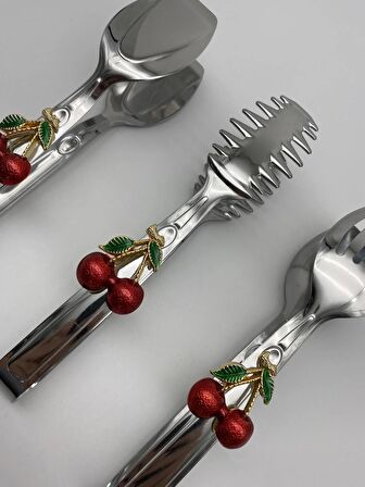 Kirazlı Gümüş Maşa Seti, Salata, Makarna ve Pasta Servis Sunum Maşası, Paslanmaz Çelik Yemek Maşası