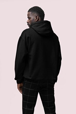 Dark Baskılı Siyah Erkek Kapüşonlu 3 iplik Şardonlu Ribanalı Sweatshirt Hoodie