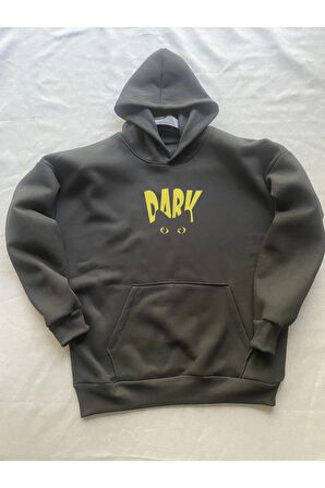 Dark Baskılı Siyah Erkek Kapüşonlu 3 iplik Şardonlu Ribanalı Sweatshirt Hoodie