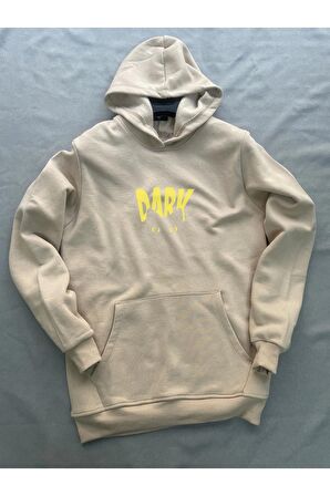 Dark Baskılı Bej Erkek Kapüşonlu 3 iplik Şardonlu Ribanalı Sweatshirt Hoodie
