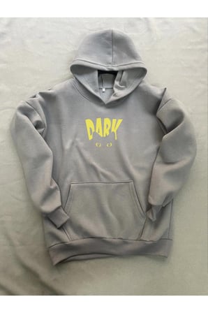 Dark Baskılı Gri Erkek Kapüşonlu 3 iplik Şardonlu Ribanalı Sweatshirt Hoodie