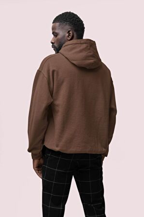 Dark Baskılı Kahverengi Erkek Kapüşonlu 3 iplik Şardonlu Ribanalı Sweatshirt Hoodie