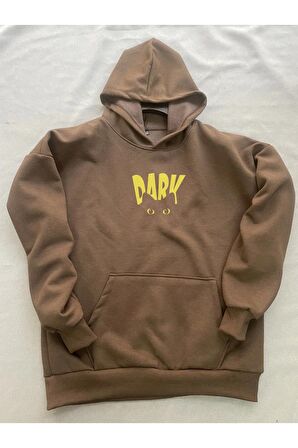 Dark Baskılı Kahverengi Erkek Kapüşonlu 3 iplik Şardonlu Ribanalı Sweatshirt Hoodie