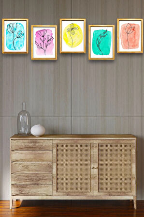 5 Parça Çerçeve Görünümlü Mdf Tablo Seti,  Oturma Odası, Salon, Ofis, Ev Duvar Tablosu