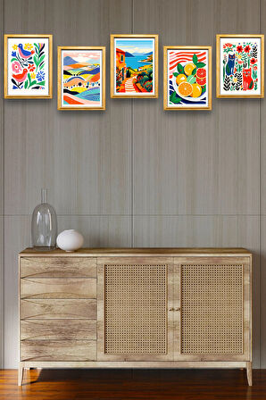 5 Parça Çerçeve Görünümlü Mdf Tablo Seti,  Oturma Odası, Salon, Ofis, Ev Duvar Tablosu