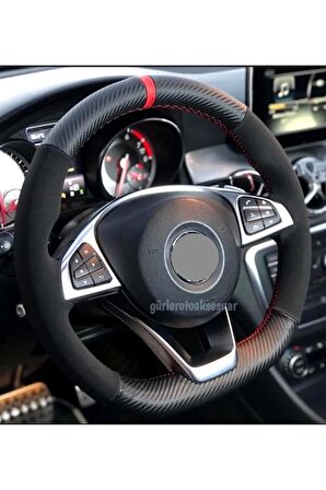 Opel Corsa D-e Uyumlu Dikmeli Deri Direksiyon Kılıfı Alkantara-karbon Kırmızı Yüzüklü