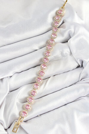 Dodes Pirinç Pembe Zirkon Taşlı Daire Baget Model Gold Renk VIP Seri Kadın Bileklik TG27BB7512