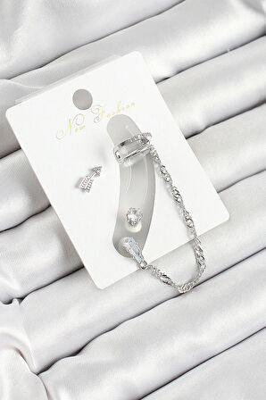 Dodes Pirinç Ok Figürlü Zirkon Taşlı Gümüş Renk 3'lü Kıkırdak Kadın Küpe Set TG27BKP10663