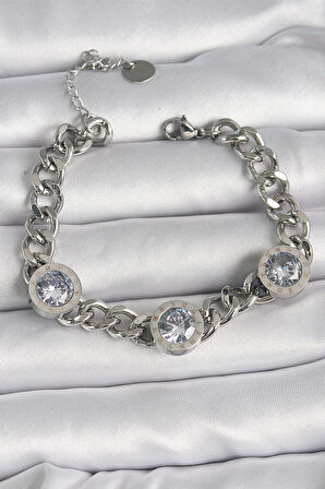 Dodes Dodes 316L Çelik Gümüş Renk Zincir Model Zirkon Taşlı İşleme Detaylı Kadın Bileklik TG27BB6651